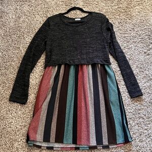Dark grey long sleeve dress with colorful skirt
